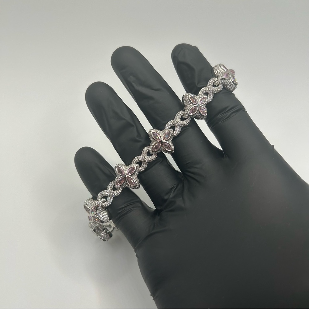 Silver Floral Pink Crystal Tennis Bracelet